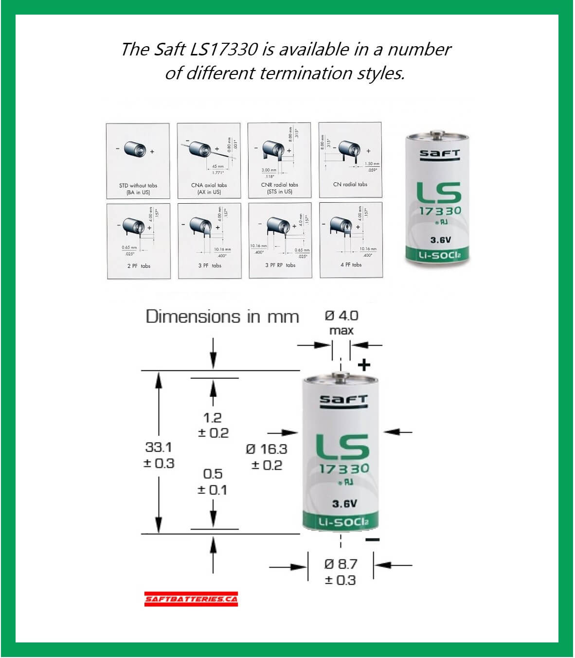 Saft ls17330, 2/3 A 3.6V, 2100mah lithium battery